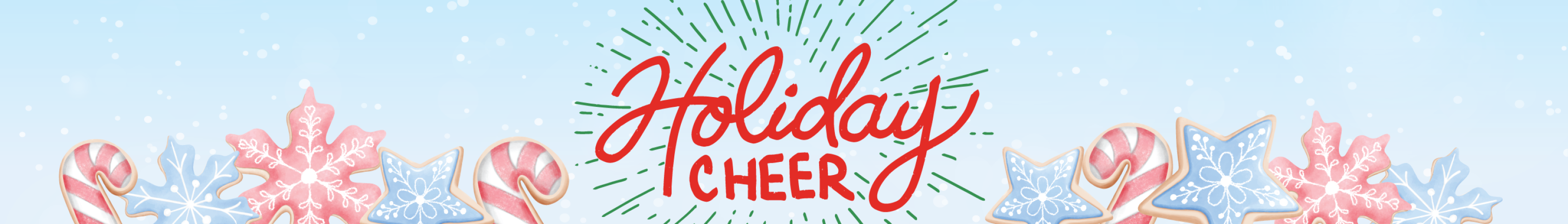 text: "holiday cheer" surrounded with rays of green between pattern of festive holiday cookie illustrations