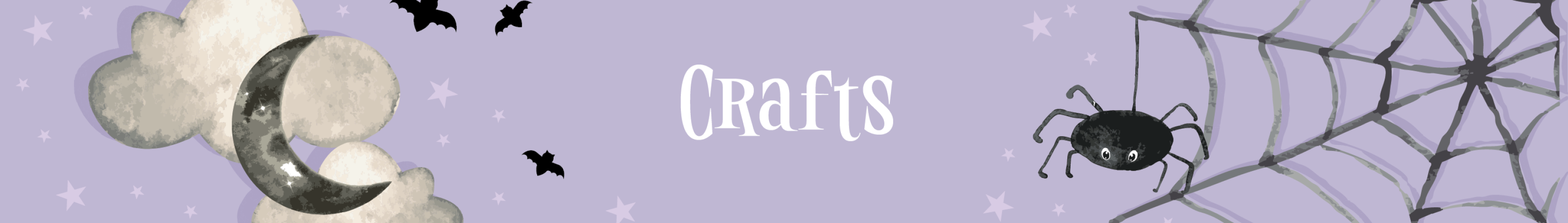 purple graphic of a black spider and web, accompanied by white text that says "Crafts"
