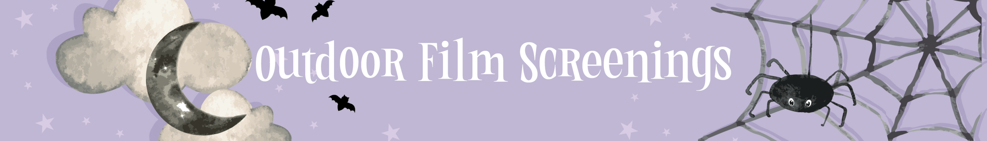purple graphic of a black spider and web, accompanied by white text that says "Movies"