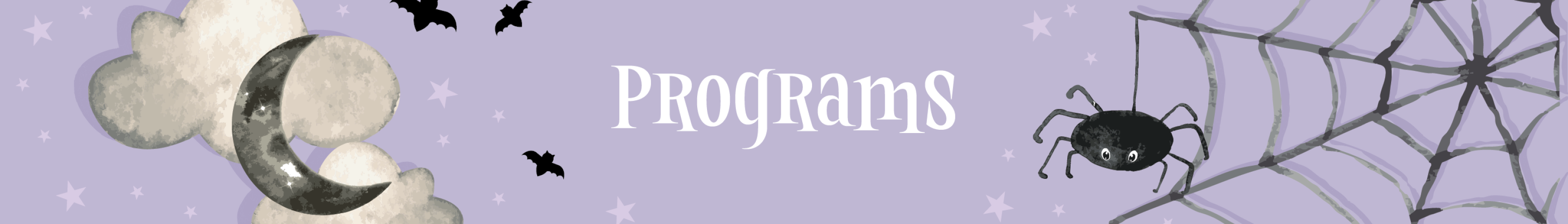 purple graphic of a black spider and web, accompanied by white text that says "Programs"