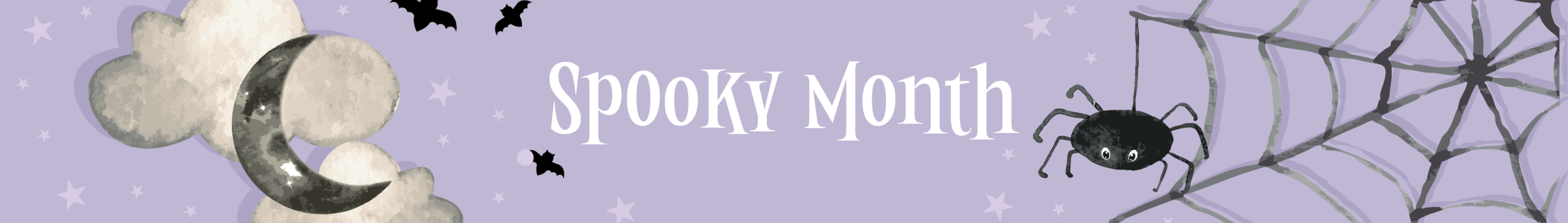purple graphic of a black spider and web, accompanied by white text that says "Spooky Month"