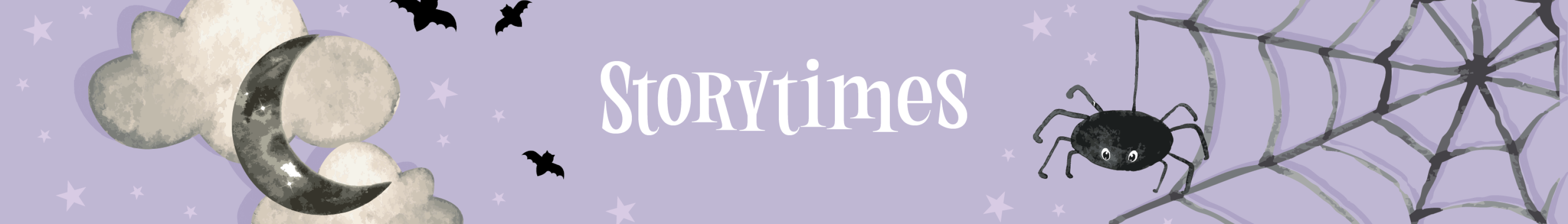 purple graphic of a black spider and web, accompanied by white text that says "Storytimes"