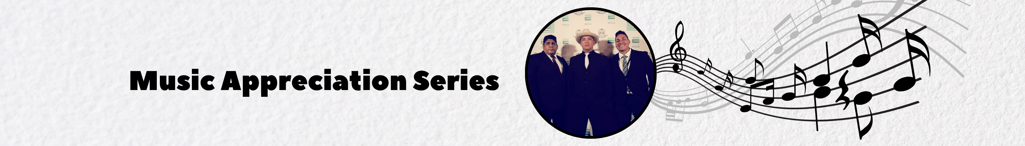 photo of music group trio renacimiento between text that reads "Music Appreciation Series" and lines of music