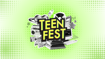Background is of green dots clustered. Centered are retro images of a radio, camera, books, cell phone, computer, and record. Text overlapping reads: "TEENFEST"