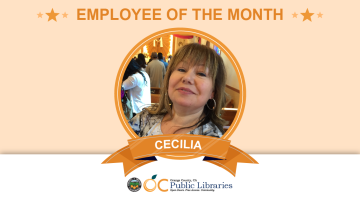 Graphic of Employee of the Month for OC Public Libraries, featuring photo in the center of woman named Cecilia