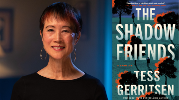 Split graphic of Author Tess Gerritsen headshot on the left and her book cover, "The Shadow Friends" on the right