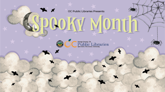 purple graphic of a black spiders and webs, accompanied by yellow text that says "Spooky Month"