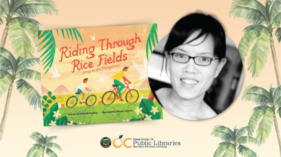 Graphic of Author Michelle Sterling photo and book cover "Riding Through Rice Fields"