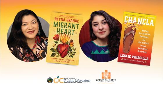 Graphic of Author Reyna Grande with Book Cover "Migrant Heart" and Author Leslie Priscilla with Book Cover "Chancla"