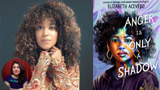 Graphic of Author Elizabeth Acevedo photo and her book cover "Anger is Only a Shadow"