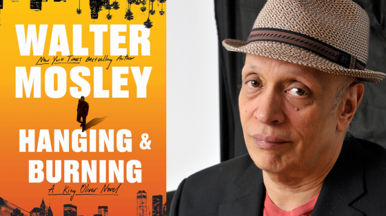 Split graphic of Author Walter Mosley photo and book cover "Hanging & Burning"