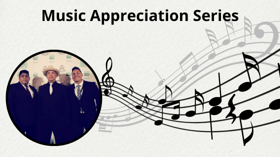photo of music group trio renacimiento below text that reads "Music Appreciation Series." Next to photo are lines of music