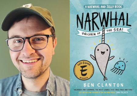 photo of Ben Clanton next to cover of book titled Narwhal Unicorn of the Sea