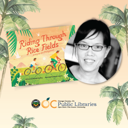 Graphic of Author Michelle Sterling photo and book cover "Riding Through Rice Fields"
